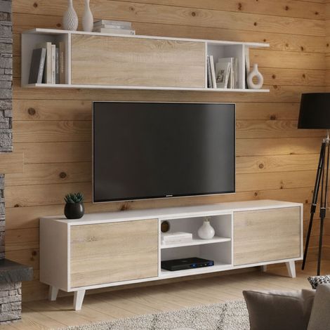 Dmora - Lagerwand Darcole, TV-Ständer für Wohnzimmer, Wohnzimmerkomposition mit Wohnwand, 180x41h51 cm, Weiß und Eiche (1/5)