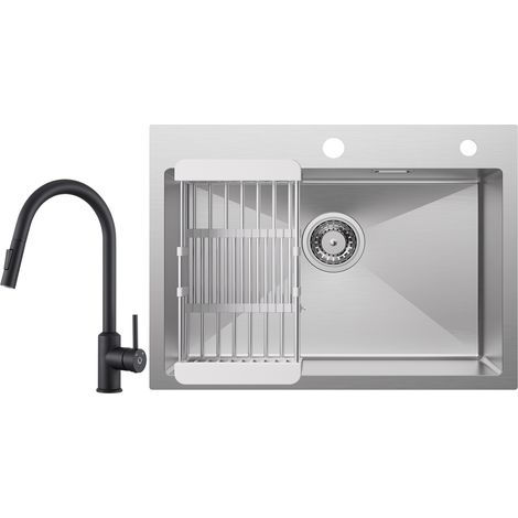 Cecipa Lavello da cucina 1 vasca 60×45×18 cm Lavello da cucina in acciaio inox 304 spazzolato con cestello di scarico + Miscelatore da Cucina con Doccetta Estraibile Girevole a 360° Nero (1/5)
