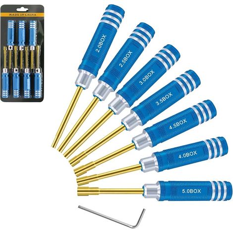 Lot de 7 tournevis hexagonaux 2,0 mm 2,5 mm 3,0 mm 3,5 mm 4,0 mm 4,5 mm 5,0 mm kit d'outils de tournevis pour fixation roue Axial SCX24 pour modèles radiocommandés voitures bateaux hélicoptères bleu (1/5)