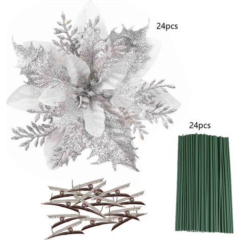 (Set bestehend aus 24 Dekorationen + 24 Klammern + 24 Stäbchen + 0,30 € Verpackungsgebühr) 14,5 cm Weihnachtsdekorationen, goldglitzernder Blumenkranz, silberne Weihnachtsblumen für Türen und Fenster (1/2)