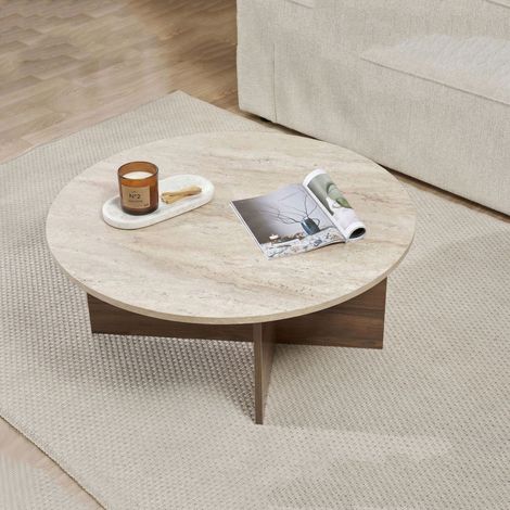 Wohnzimmertisch Simbario, oval, Tischplatte aus Holzwerkstoff, beige, 90x90x40h cm, Nussbaum (1/5)
