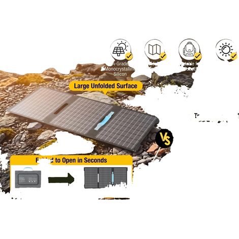 Pannello solare, potenza massima 45 W, tensione a circuito aperto 21,2 V, corrente di cortocircuito 2,75 A, dimensioni da aperto 30 x 14,5 x 0,1 pollici, materiale in silicio monocristallino (1/5)
