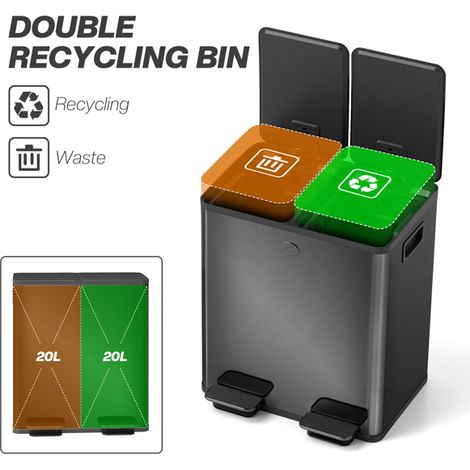 20L Dual Bin Kitchen Trash Can with Stainless Steel Finish, Removable Buckets, Pedal Operation, Glossy Black Design, Easy to Clean