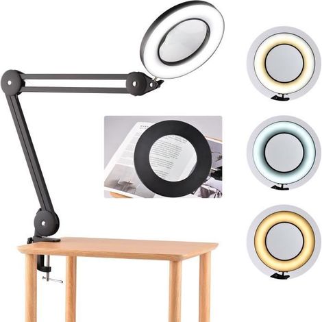 Lampe de bureau loupe LED 5X avec pince Bras pivotant en métal réglable 10 Luminosité à intensité variable 3 modes de couleur (1/4)
