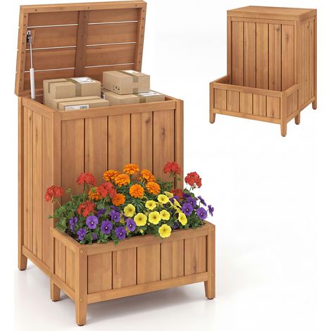 Boîte de Jardin Rangement avec Jardinière, Abri de Jardin 2 en 1 en Bois d'Acacia avec Couvercle Relevable Pieds Surélevés, pour Porche Cour, Naturel (1/5)