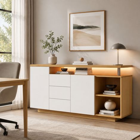 Buffet 140/40/70 cm blanc et chêne clair avec LED, 2 portes et 3 tiroirs (1/5)