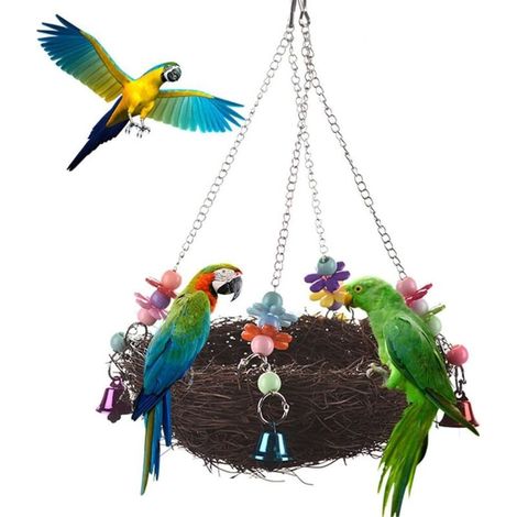 Vogelschaukel aus natürlichem Rattan mit Glöckchen und Sitzstange für Papageien und Wellensittiche (20 cm)