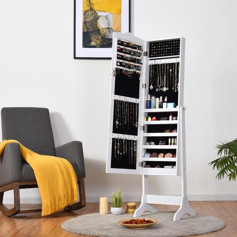 Pour tous vos bijoux Armoire à bijoux sur pied pour chambre et dressing avec miroir pleine longueur inclinable blanc (1/5)