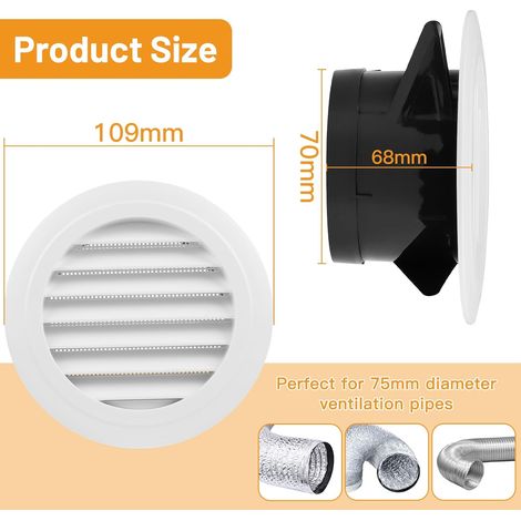 LALAGO 2 pièces Grille de Ventilation en Plastique Aeration Ronde 75mm avec Moustiquaire Grille, Bouche de Grille de Ventilation ABS avec Grille de Protection Blanc pour Ventilateur d'Extraction