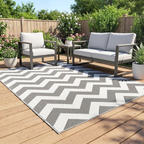 Tapis d'extérieur imperméable, double face, en fibre synthétique de haute qualité, gris clair et blanc, 121 x 182 cm (1/5)