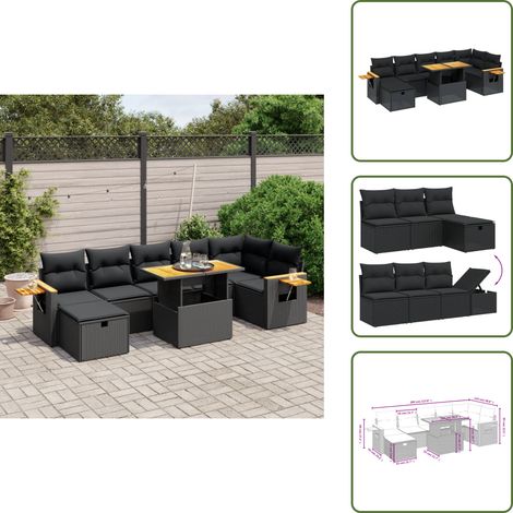 Salon de jardin 8 pcs avec coussins noir résine tressée - Ensemble Salon De Jardin - Meuble Extérieur - Résine Tressée - Rotin Synthétique - Table Extensible (1/5)