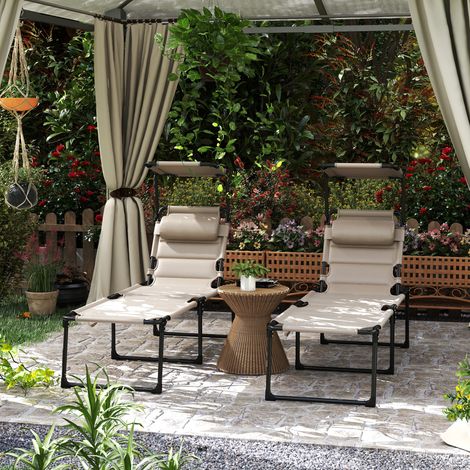 Lot de 2 Bains soleil de transats pliables grand confort dossier pare-soleil réglables multi-positions. kaki