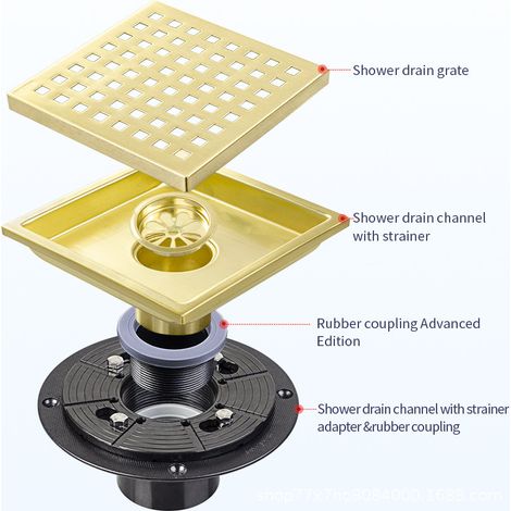 Bonde de douche dorée 6 pouces avec bride, bonde carrée avec grille amovible, acier inoxydable SUS 304, finition or brossé (1/4)