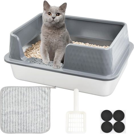 Stainless Steel Litter Tray, 50 x 35 x 20 cm, XXL Leak-Proof Cat Litter Tray with Removable High Fence, Cat Litter Tray with Scoop and Wipe Clean, Grey (1/5)