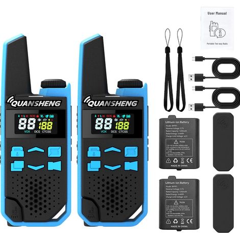 Talkie-Walkie PMR446 sans Licence, Lot de 2 Rechargeables USB-C, 16 Canaux, VOX Mains Libres, Jusqu’à 10 km en Terrain Ouvert, pour Randonnée, Camping et Chantier – Bleu (1/5)