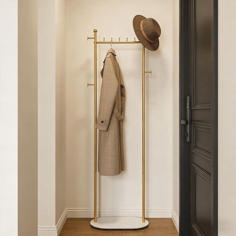 Freistehender Kleiderständer Garderobenständer, Gold Kleiderstange Stabil, 5 Horizontale Haken, 4 Seitliche Haken, Für Kleidung, Hüte, Taschen (1/5)
