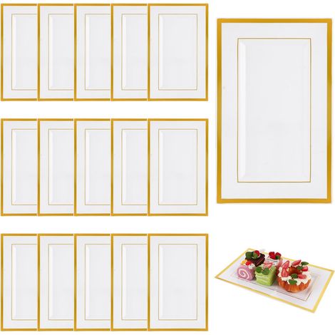 15 Pièces Plateau de Service Blanc 33 x 20 cm, Assiette Plastique Rectangulaire Bord Doré, Grand Plat de Buffet pour Dessert, Entrée, Mariage et Fête (1/5)