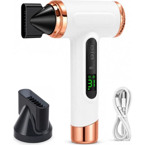 Sèche-Cheveux Rechargeable Pro - Sèche-Cheveux Sans Fil, Blanc + Or rose (1/5)