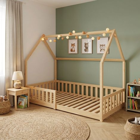 Lit cabane pour enfant 90x190 en bois de pin clair avec sommier Terre de Nuit (1/4)
