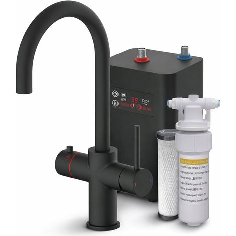 Matt Black 3 in 1 Instant Boiling Hot Water Kitchen Tap Curved + Tank + Filter