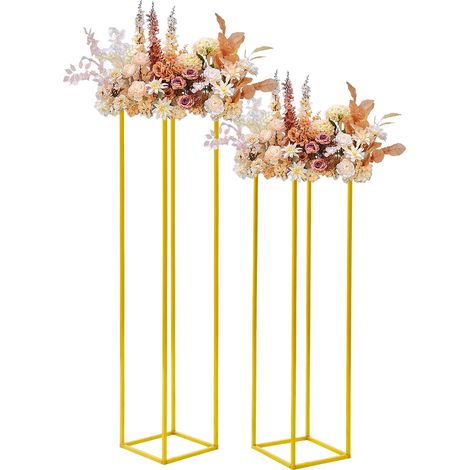 2 Pièces Supports à fleurs Centres Table Mariage Vases Géométrique Présentoir Colonne Rectangulaire pour Décoration de Fête (80/100 cm Hauteur, Doré) (1/5)