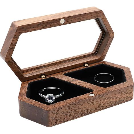 Ringbox aus Walnussholz für Hochzeit und Verlobung – Innenhalter aus weichem Samt – Schwarz (1/5)