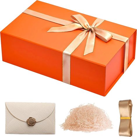 Caja de regalo, diseño plegable, cierre magnético, 4 unidades, color naranja, 26,5 x 18 x 7,5 cm. (1/2)
