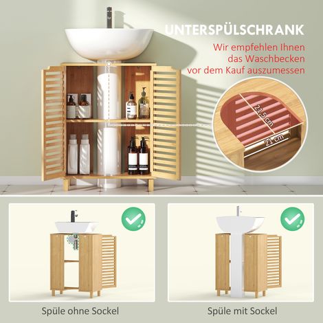 Meuble vasque salle de bain en bambou naturel, armoire avec portes à lattes et étagères ajustables (1/4)