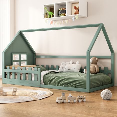Lit plat 90 x 200 cm, lit enfant, barrière de sécurité, vert