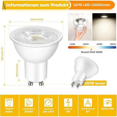 Ampoules LED GU10 Blanc Neutre 4000K 5W (1/4)