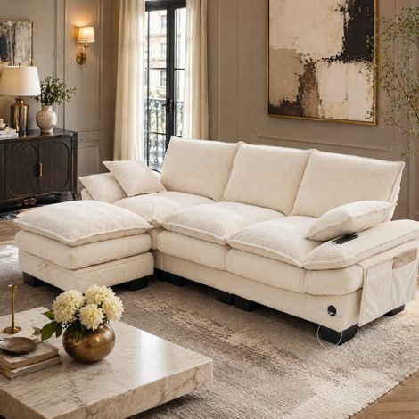 Divano modulare 3 posti in velluto a coste beige con pouf, USB-C e tasche laterali (1/5)