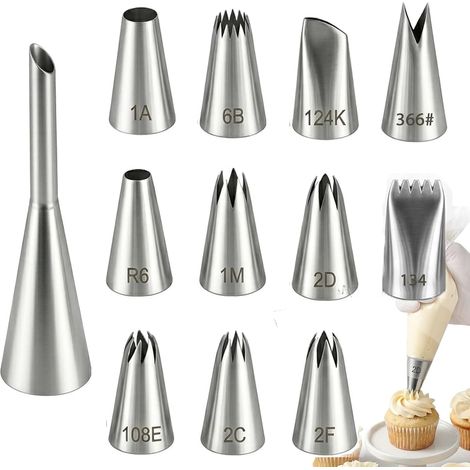 12 Pieces Stainless Steel Piping Nozzles Large Piping Nozzles Piping Tips for Decorating Cakes, Cupcakes and Muffins, Baking Accessories (1/5)