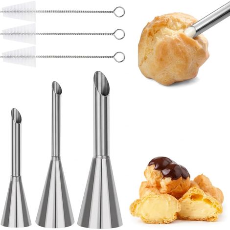 Douille de Pâtisserie Petit Choux,3 Pièces Choux à Garnir Bec de Crème et 3 Brosses de Nettoyage,Douilles Inox et Accessoires Pâtisserie,Ustensiles DIY Décoration Gâteaux (1/5)