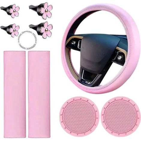 Set di 10 accessori per auto rosa - include coprivolante, copricintura di sicurezza, portabicchiere, adesivo glitterato per il pulsante di avviamento, clip per la bocchetta dell'aria - adatto a volant (1/5)