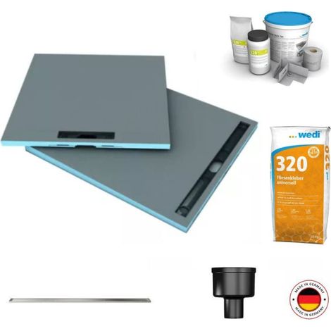 Wedi – Receveur de douche à carreler 140 x 90 cm – Extra-plat avec pente préformée – Bonde verticale DN 40 – Kit d'étanchéité inclus – Colle 320 (1/5)