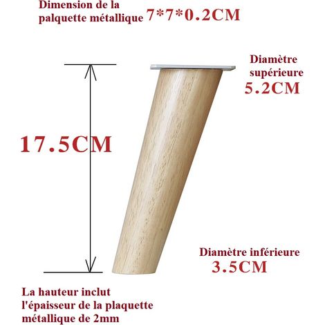 4 Pcs Pieds De Meuble En Bois  Hauteur: 17.5 Cm  Rond, Conique (Conception Inclinée)  Matériau: Bois Massif  Pour Chaises, Tables, Placards, Etc. (1/4)