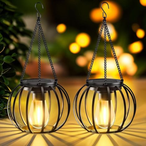 Lampe Solaire Exterieur Jardin, 2 Pièces Lanterne Solaire Exterieur avec Crochets et Chaînes, IP65 Étanche Lumiere Solaire Exterieur pour Terrasse Pelouse Balcon Cour Decoration Jardin (1/5)