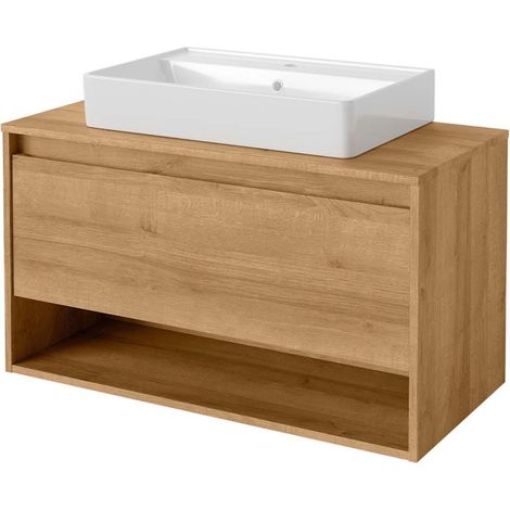 FACKELMANN NATURA Badmöbel Set 2 Teile / Keramik Waschbecken / Waschbeckenunterschrank mit Schublade / hochwertiger Badschrank mit Soft-Close-System / Korpus & Front: Braun / Breite: 94 cm"-"79708 (1/5)