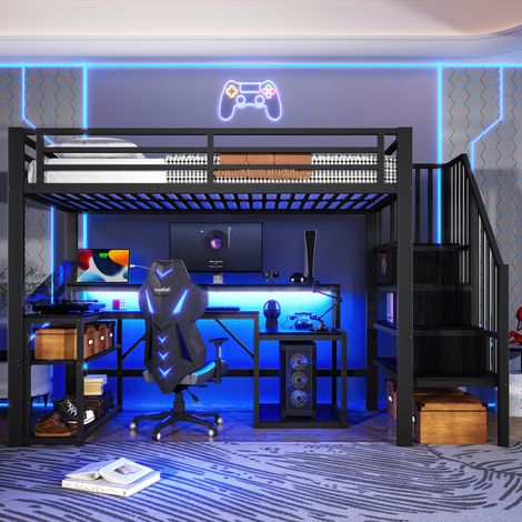 struttura letto 90x200 con scrivania LED USB nera HAVRYA (1/5)