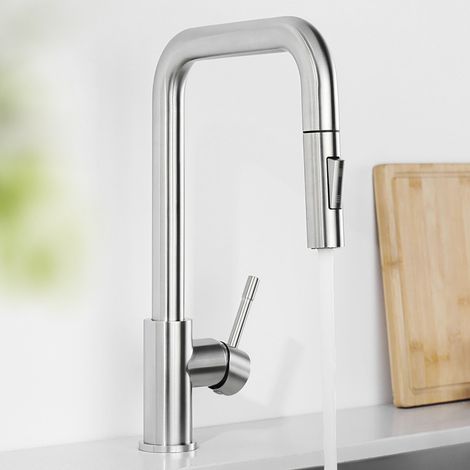 Rubinetto da cucina con doccetta estraibile, miscelatore da cucina girevole a 360° con 2 modalità di getto, leva singola, miscelatore per lavello con acqua fredda, spazzolato (1/5)