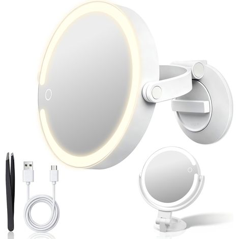 Miroir cosmétique avec éclairage, grossissement double face 1X/10X avec ventouse, miroir grossissant mural avec 3 couleurs, miroir de maquillage rotatif à 360° pour chambre et salle de bain (1/5)
