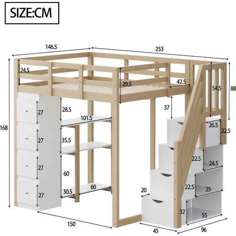 Lit mezzanine bois massif avec 4 tiroirs, étagère 3 niveaux, échelle latérale à tiroirs, 90/140x200, charge 120 kg, blanc/brut (1/5)