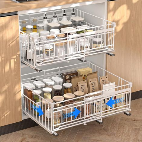 2 Pièce Tiroir Coulissant Cuisine rangement coulissant placard cuisine Etagere Rangement Cuisine Telescopiqu Largeur Réglable (32.5-50 cm L x 38 cm P x 16 cm H) Blanc (1/5)