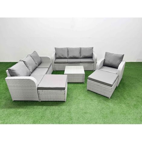 Fimous 9 Seater Poly Rattan Outdoor Garden Furniture Square Coffee Table Sofa Set Patio 3 Seater Sofa Reclining Chair 3 Seater Sofa 2 Big Footstools Light Grey (1/4)