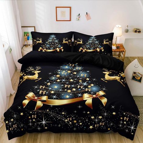 Weihnachts Bettwäsche 155x220 cm Schwarz Gold Mikrofaser mit Reißverschluss und 2 Kissenbezügen 80x80 cm