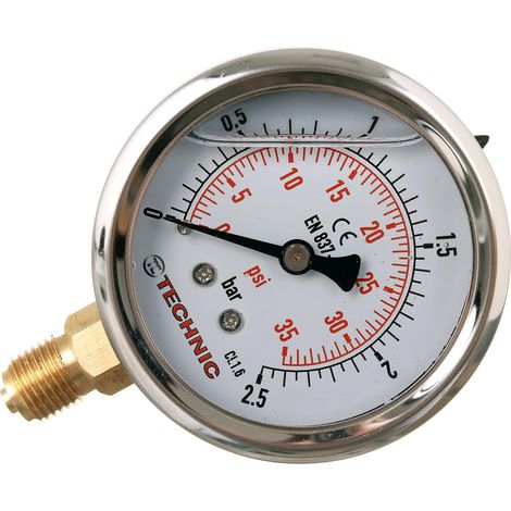 Manometro a glicerina con orologio, 63 mm, scala 0-2,5 bar, filettatura 1/4", base