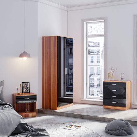 ELEGANT Modern Wardrobe and Cabinet Furniture Set Bedroom 2 Doors Wardrobe and 4 Drawer Chest and Bedside Cabinet, Black/Walnut (1/5)