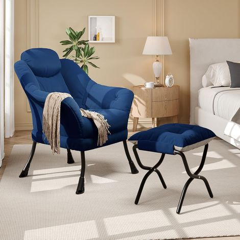 Modern Soft Lounge Chair Set, Ottoman, Upholstered Sofa with Armrests, Side Pocket, Living Room Seating, Blue (1/4)