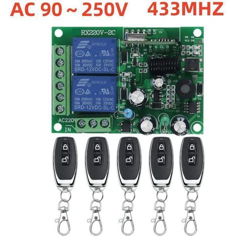 Télécommande Radio 433 MHz - Récepteur AC 220 V - Commande À Distance Pour Portail Garage Moteur Tubulaire Rideaux - 2 Canaux - Lot De 5 Télécommandes (1/5)