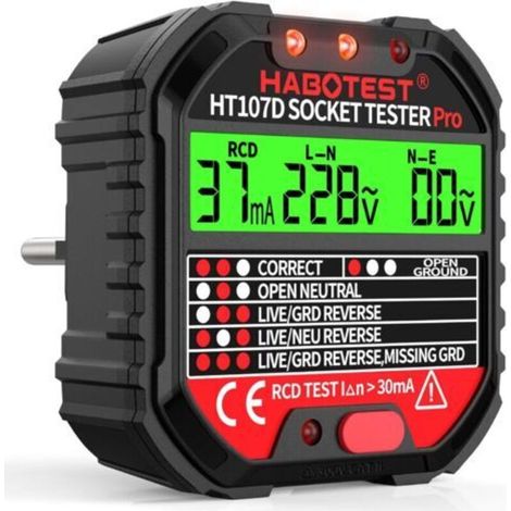 Testeur de Prise, Testeur de Circuit Electrique Courant Automatique Détecteur de Tension de Polarité 90-250V/45-65Hz, 6 Tipi di Diagnosi di Errore, Test RCD/Affichage de Tension (1/5)